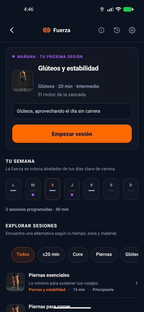 Fuerza en Android 1.3.30: próxima sesión Glúteos y estabilidad, semana de fuerza y explorador de sesiones con filtros; cuenta de pruebas