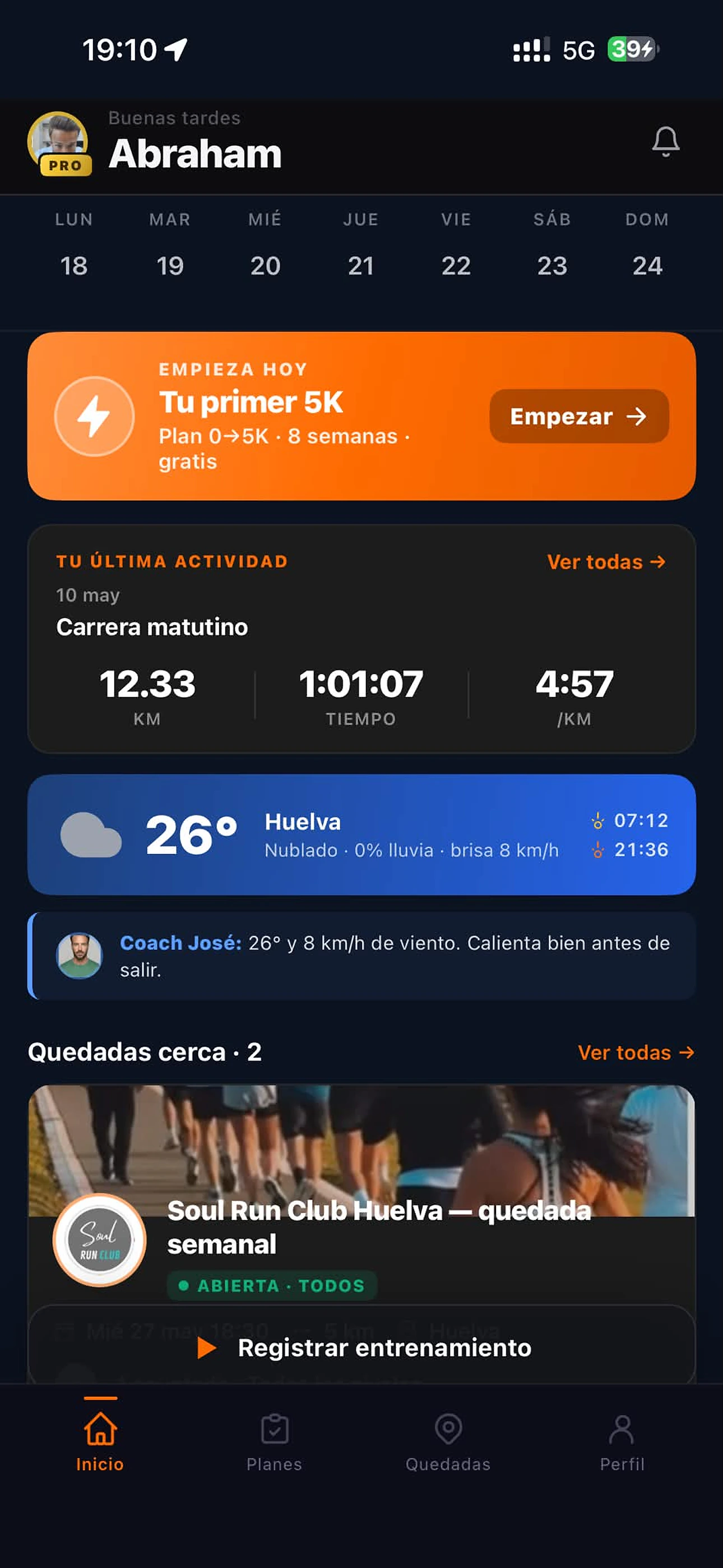 Feed de actividades y feedback de Coach José