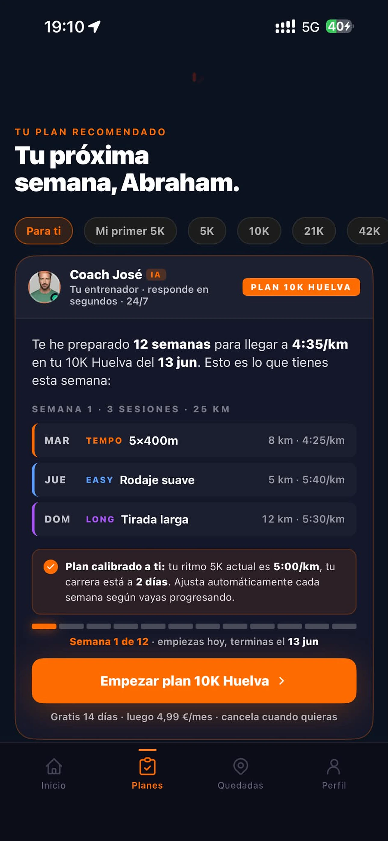 Pantalla de carrera en directo con GPS y FC